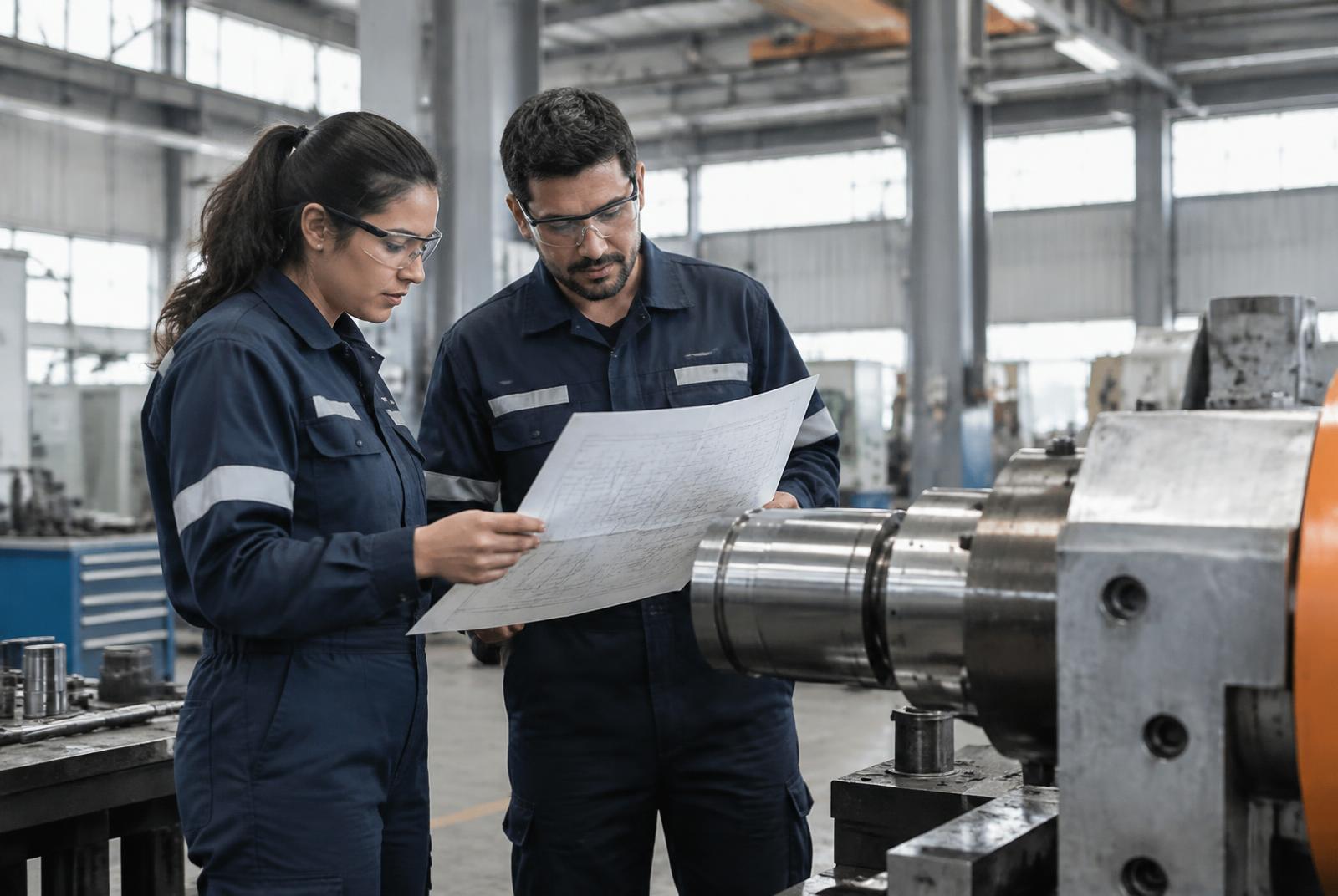 Profissionais de engenharia analisando um desenho técnico na fábrica
