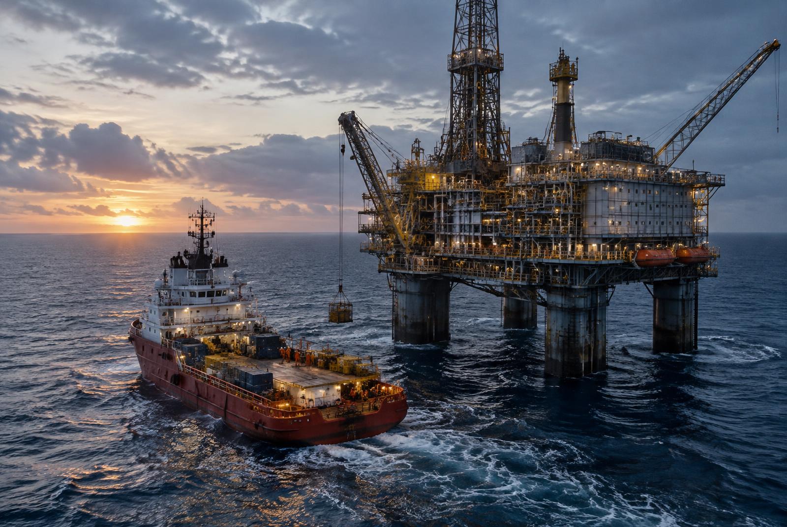 Plataforma offshore e embarcação de apoio em operação
